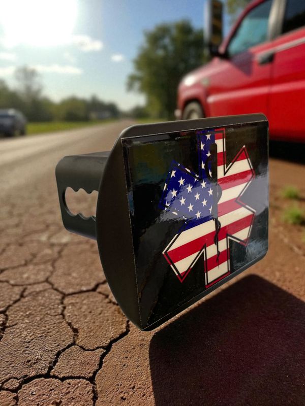 Black Metal Hitch Cover 3"X4"X2" (EMS USA Flag)
