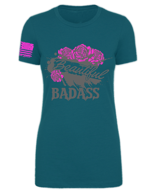 Beautiful Badass Roses Teal W/Pink/Grey S/S