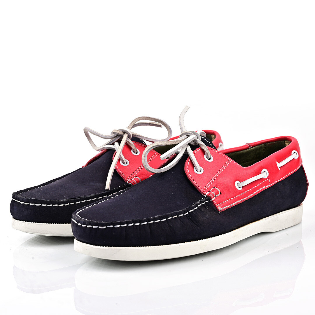 Bateau Nubuck Bleu et Cuir Rouge Avec  Lacet Blanc