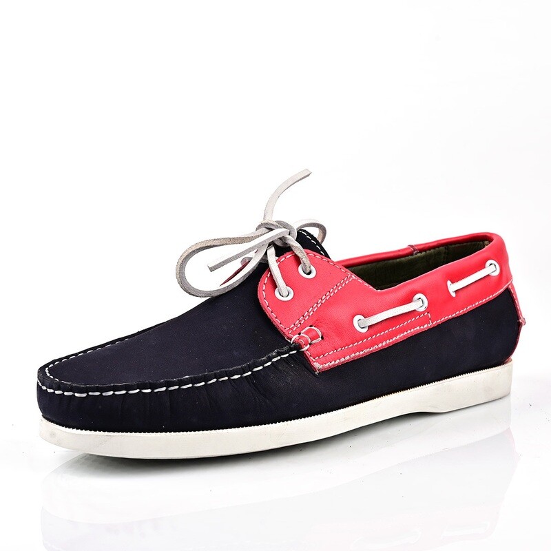 Bateau Nubuck Bleu et Cuir Rouge Avec  Lacet Blanc