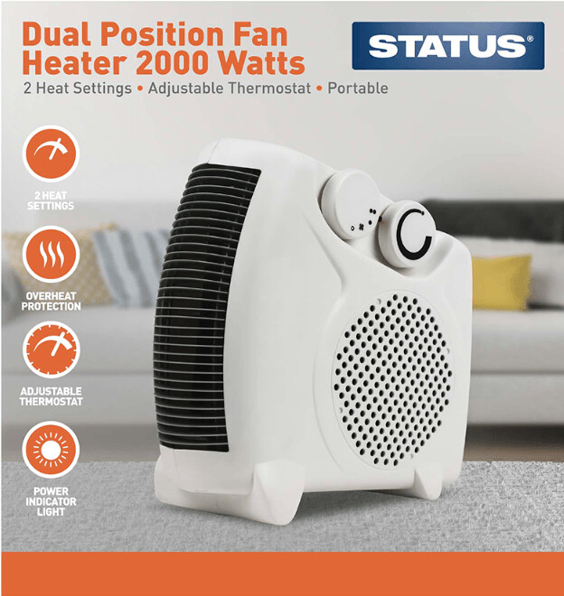 Dual Position Fan Heater 2000w White 2 Heat Settings With Adjustable Thermostat