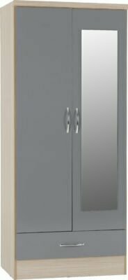 Nevada Mirrored 2 Door 1 Drawer Wardrobe, Style: Grey Gloss/Light Oak Effect Veneer