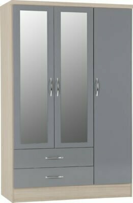 Nevada 3 Door 2 Drawer Mirrored Wardrobe, Style: Grey Gloss/Light Oak Effect Veneer