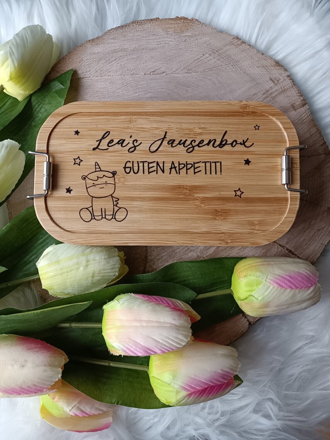 Jausenbox Edelstahl + Bambus  "Guten Appetit!"