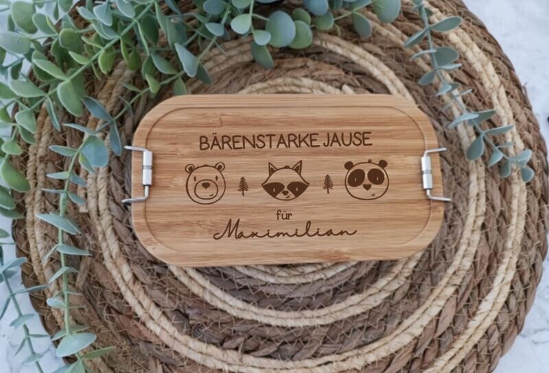 Jausenbox Edelstahl + Bambus "Bärenstarke Jause"