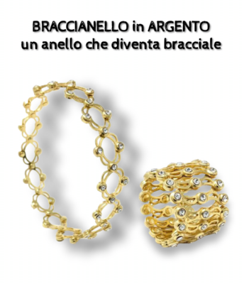 ​Braccianello, anello e bracciale, due in uno, in argento dorato con zirconi.