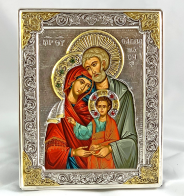 Icona in argento massiccio 925, argento placcato oro 22kt., Swarovski e legno massiccio