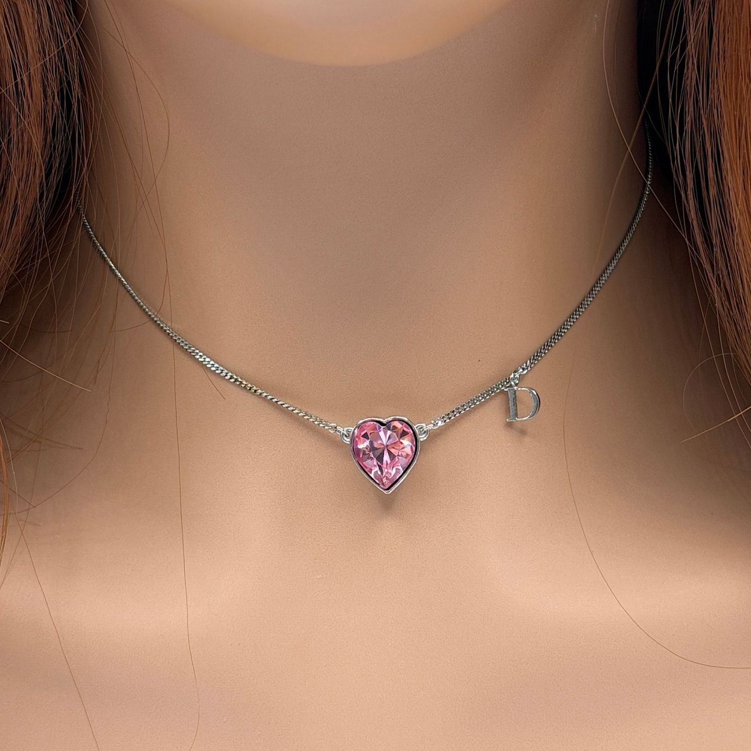 Christian Dior Necklace Silver Pink Heart Christian Dior Necklace Silver Pink Heart