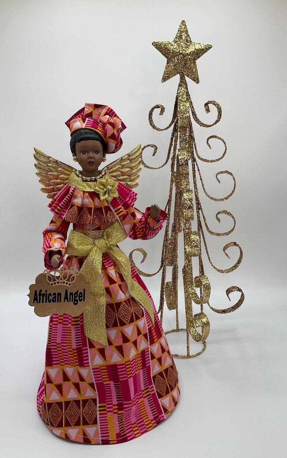 African Angel Tree Topper, Ankara Metallic Pink and Gold