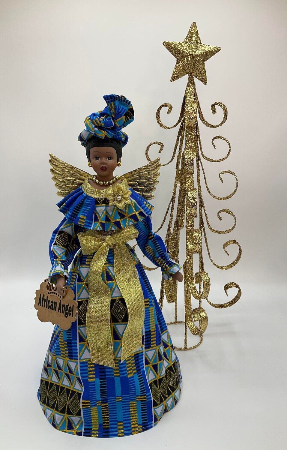 African Angel Tree Topper - Ankara Metallic Baby Blue and Gold