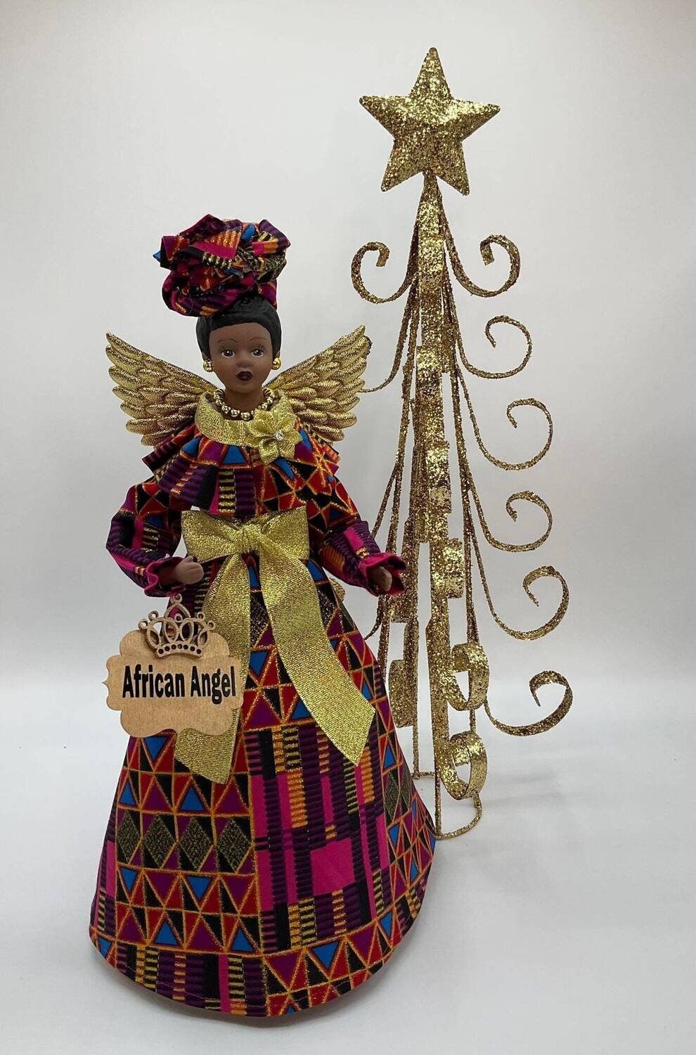 African Angel Tree Topper, Ankara Metallic Magenta and Gold