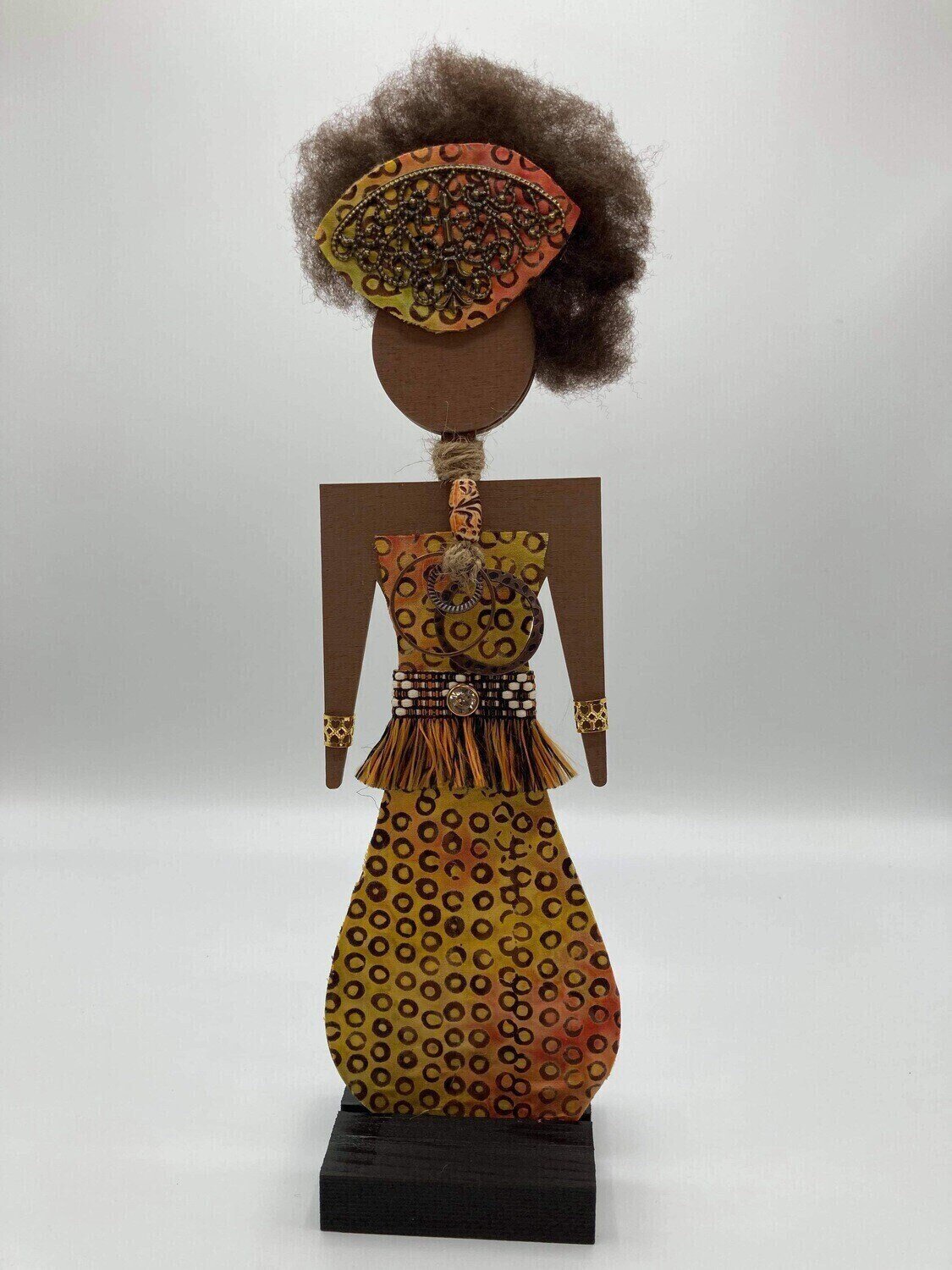 Wood Gallery Doll, OOAK, Kwanzaa Doll - Ankara Brown Dot