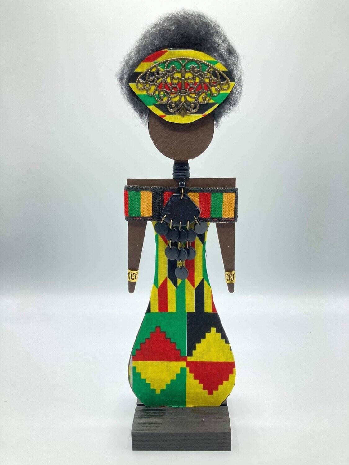 Wood Gallery Doll, OOAK, Kwanzaa Doll - Ankara Kente