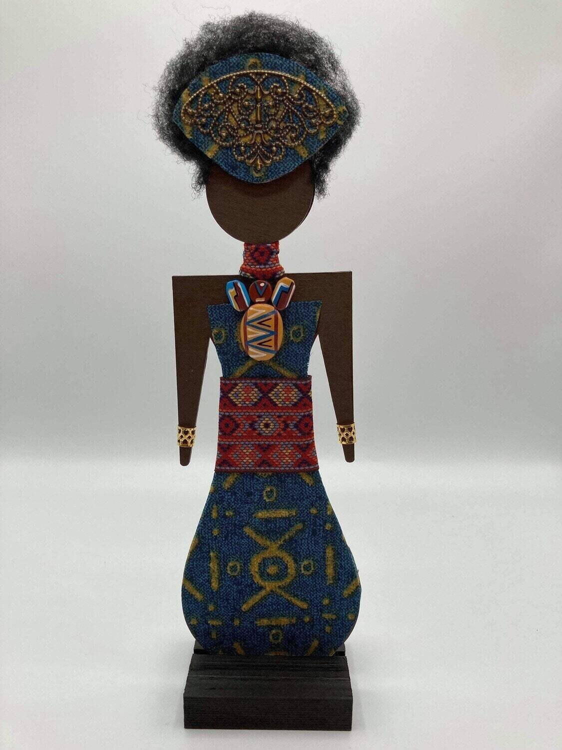 Wood Gallery Doll, OOAK, Kwanzaa Doll - Ankara Blue Mud Cloth