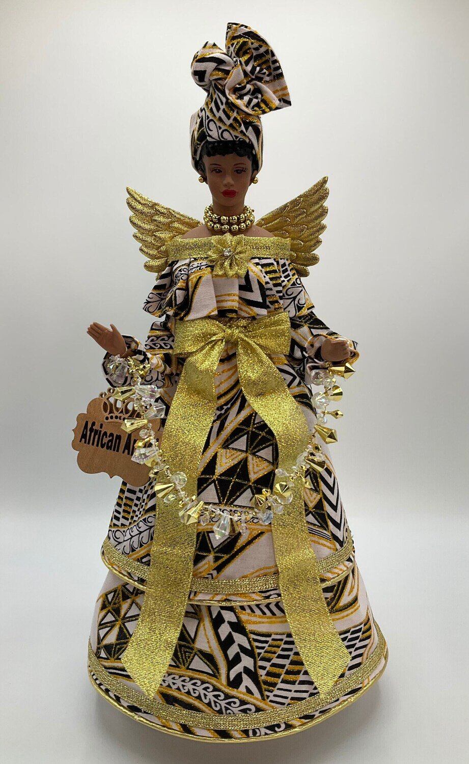 Angel Tree Topper, Gold Christmas Decor, Christmas Angels, Afrocentric Angel Tree Topper, Black Angel - Ankara White, Black and Gold, African Angel with or without Display Case: African Queen Angel Treetopper