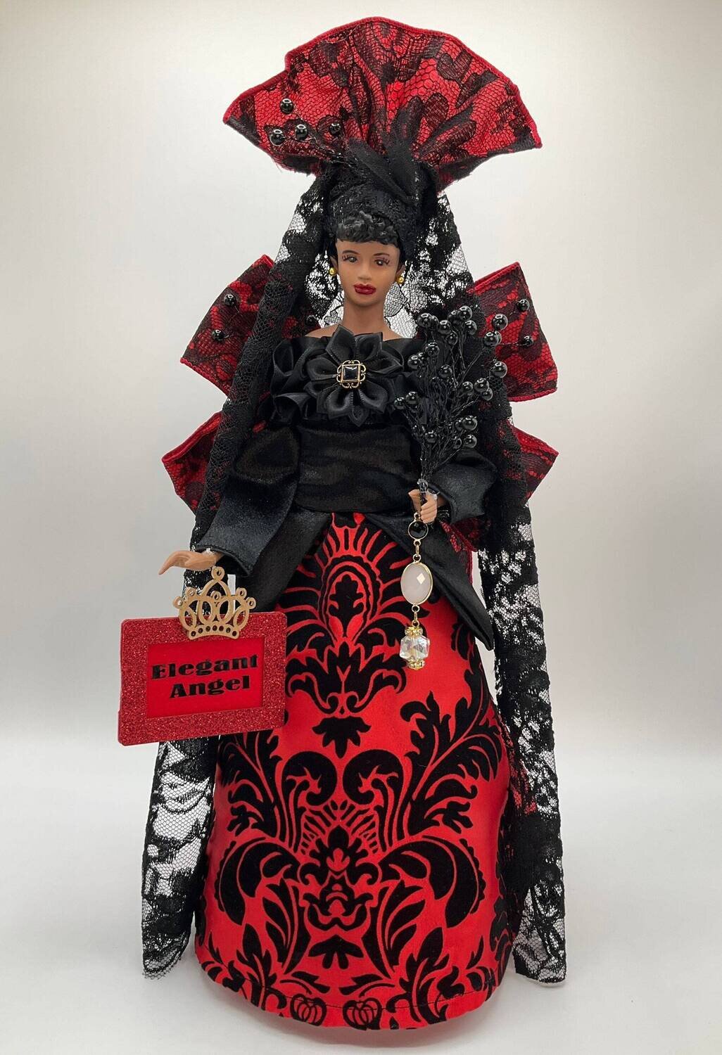 Elegant Queen Angel Christmas Tree Topper - Red &amp; Black Demask, Ornate Style, Lace Details