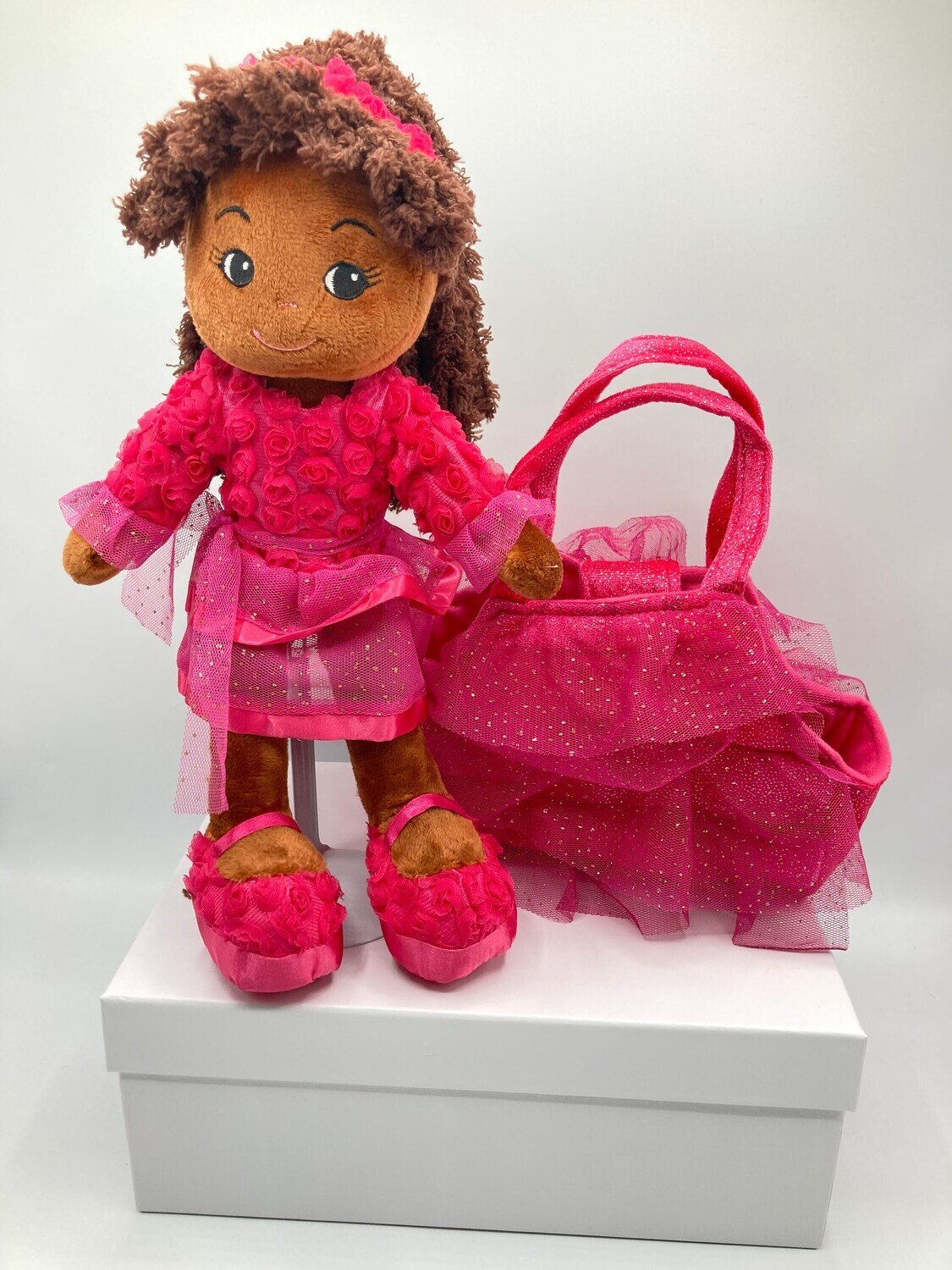 Soft Cloth Doll with Matching Purse, Play Toy for Girls, Brown Girl - Pink Dress with Pink Ruffle Purse