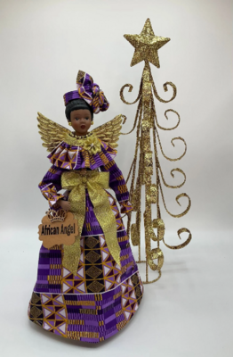 African Angel Tree Topper, Angel with Ankara Metallic Purple and Gold