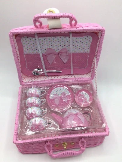 Children&#39;s Tea Set, 18 Piece Tea Set in Wicker Carry Case, Girls Tea Party Gift - Pink Bow
