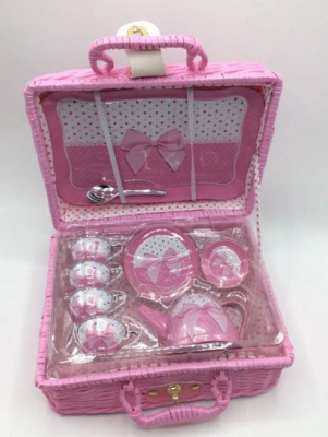 Children&#39;s Tea Set, 18 Piece Tea Set in Wicker Carry Case, Girls Tea Party Gift - Pink Bow