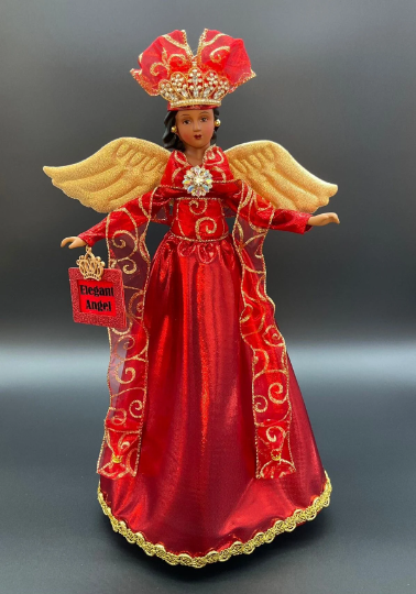 Porcelain Elegant Angel Tree Topper - Metallic Red and Gold