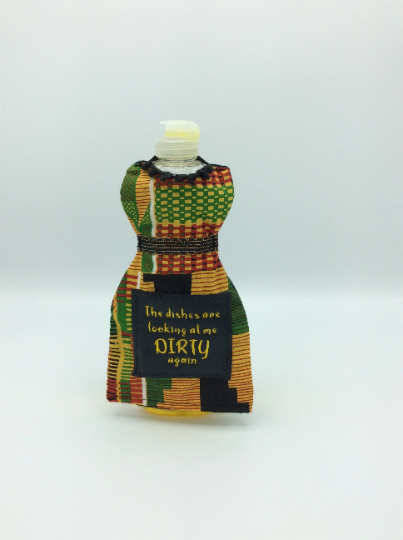 Dish Detergent Dress, Kente Fabric, Dish Soap Apron, Kente Cloth Gifts, Housewarming Gift, Gift for Mom&#39;s Kitchen, Embroidered Gift, Select Dress Cover Size: Small - 14 oz Dish Liquid Bottle