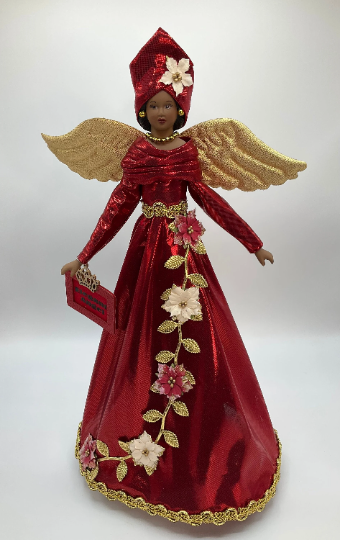 Elegant Angel Tree Topper, African American Angel Tree Topper, Red and Gold Christmas Angel