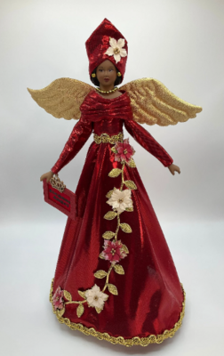 Elegant Angel Tree Topper, African American Angel Tree Topper, Red and Gold Christmas Angel