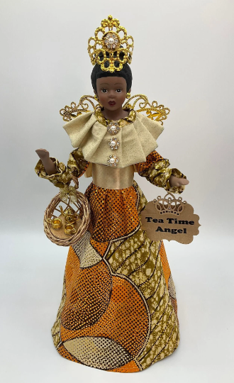 Gold African American Angel Tree Topper, Christmas Gold Decor, Holiday Centerpiece, Tea Time - Gold Tea Pot and Tea Cups