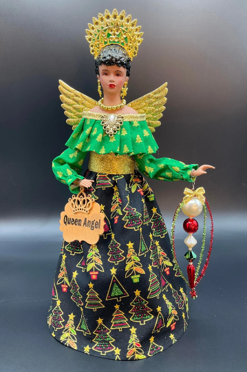 Handcrafted African American Queen Angel Tree Topper Holding Ornaments, Select your Queen Angel: Queen Angel in Tree Fabric