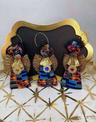 Blessed Angel African Ornament, Angel Ornament - Kente Blue Triangle