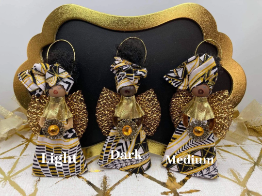 Blessed Angel African Ornament, Angel Ornament - Ankara White and Gold, White, Black &amp; Gold Fabric - Select Skin Tone: Light Skin Complexion