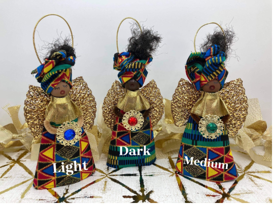 Blessed Angel Afrocentric Ornament - Emerald Green Triangle, Green Triangle Fabric - Select Skin Tone: Light Skin Complexion