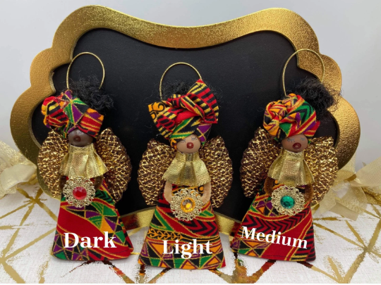 Blessed Angel African Ornament, Angel Ornament - Kente Red Swirl, Red Swirl Fabric - Select Skin Tone: Light Skin Complexion