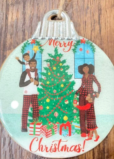 African American Hand Painted Holiday Christmas Ornaments, Select Ornament Style: Family Around Christmas Tree