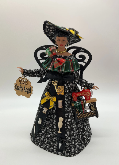 Handmade African American Angel Tree Topper Figurine - Crafty Sewing Machine Decor in Black