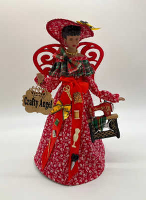 Handmade African American Angel Tree Topper Figurine - Crafty Sewing Machine Decor in Red