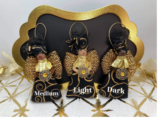 Blessed Angel Ornament - Black and Gold Swirl, Select Skin Tone: Light Skin Complexion