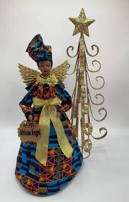 African Angel Tree Topper,  Ankara Metallic Blue and Gold