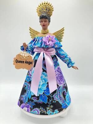 Hand-Crafted African American Queen Angel Tree Toppers for the Holidays in Lavender and Blue Florals