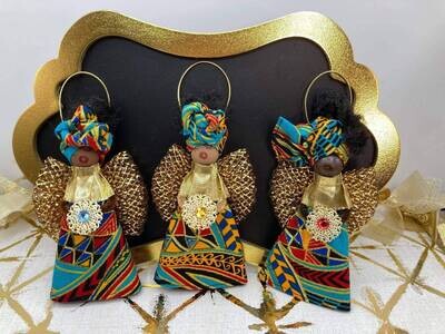 Handmade African Ornament, Ornament, Ankara, Afrocentric, Christmas Ornament, Angel, Holiday Decor, Cloth Doll, Kwanzaa - Turquoise Swirl