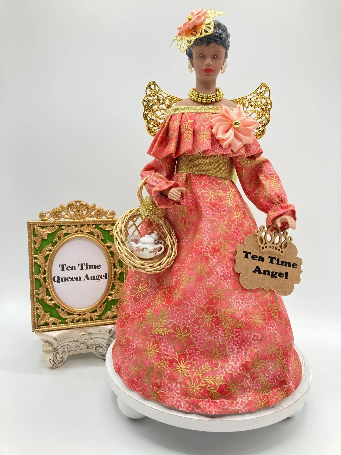 Black Angel Tree Topper, Mini tea set - Pink, Peach &amp; Gold
