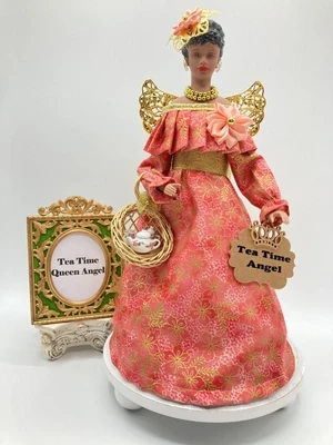 Black Angel Tree Topper, Mini tea set - Pink, Peach &amp; Gold
