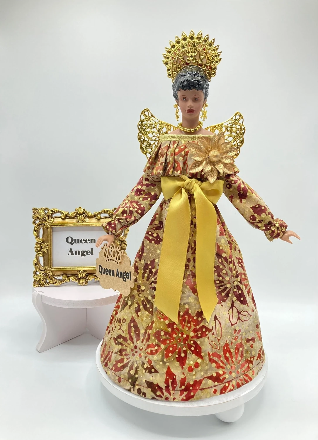 Hand-Crafted African American Queen Angel Tree Topper: Pride &amp; Beauty for the Holidays in Burgundy and Gold