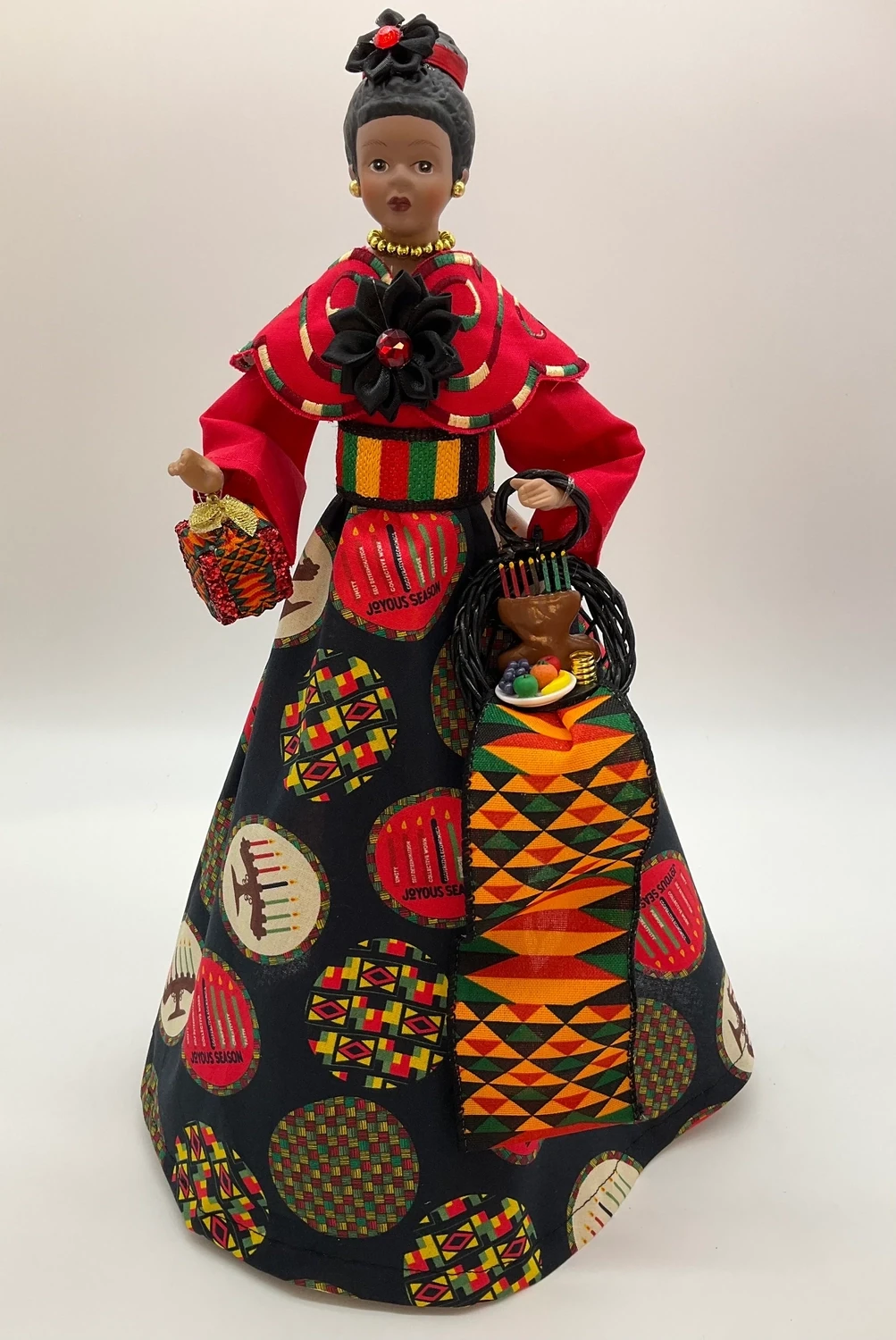 Female 16 inch Kwanzaa Figurines - Handcrafted with symbols of Unity, Purpose and Creativity, Please select your Kwanzaa Figurine: Kwanzaa Female - Circles (Red)