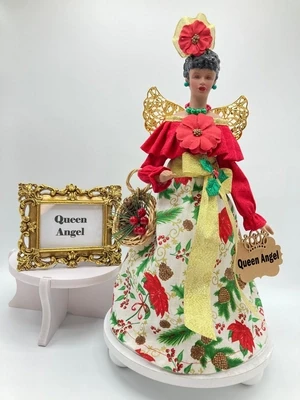Poinsettia Angel Tree Topper - Christmas Holiday Decor in Red, Green White and Gold