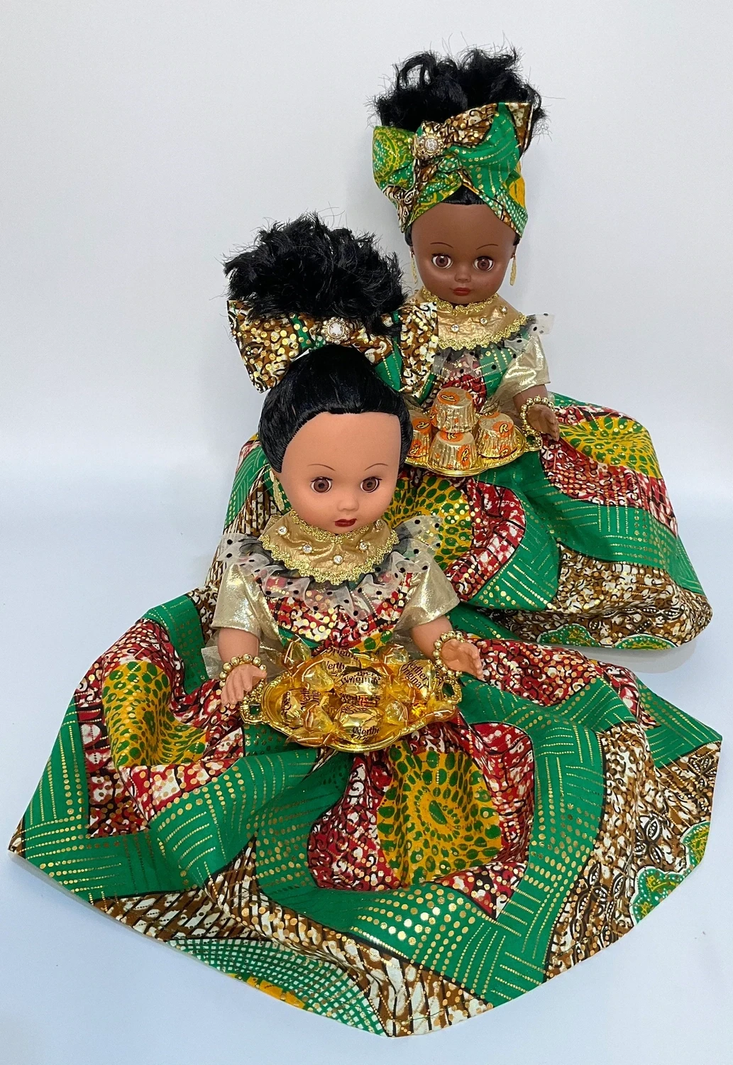 African Princess Sitting Doll, Doll Figurine Holding Candy Tray, Black Doll, Holiday Table Decorations, African Princess Sitting Dolls: Green Light Skin Tone