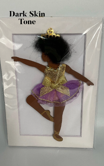 Ballerina Ornament, African American Ballerina - Pink and Lavender Tutus, Select your Princess Ballerina: Brown Skin Tone-Lavender