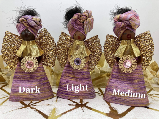 African Angel Ornaments, Pink Angel Ornament, Metallic Ornament, Ankara, Afrocentric, Christmas Ornament, Holiday Decor, Handmade Ornament, Pink Metallic Fabric - Select Skin Tone: Light Skin Tone