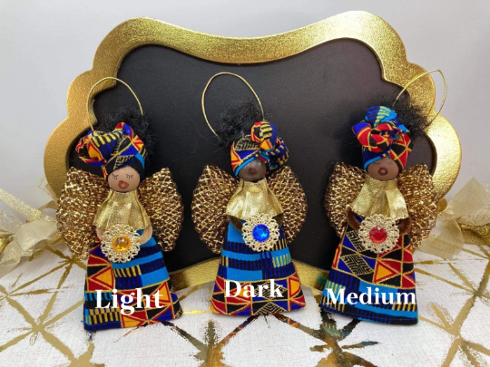 Blessed Angel African Ornament, Angel Ornament - Kente Blue Triangle, Blue Triangle Fabric - Select Skin Tone: Light Skin Tone